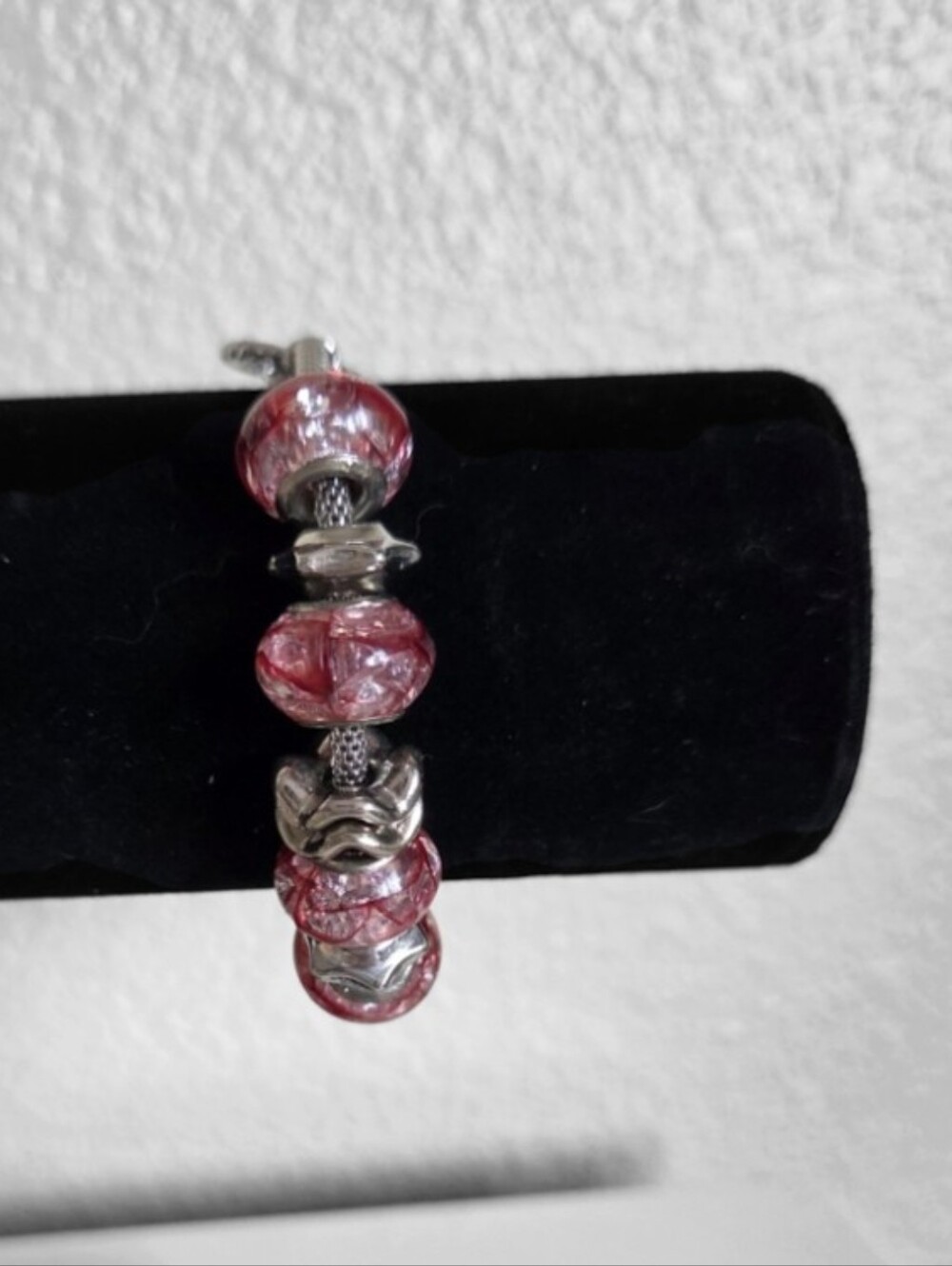 pink crackle glass bead toggle bracelet silver tone snake chain pandora style